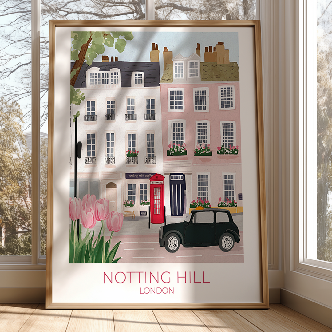 Framed artwork of Notting Hill, London with a black car and pink tulips.