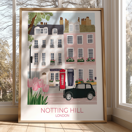 Framed artwork of Notting Hill, London with a black car and pink tulips.
