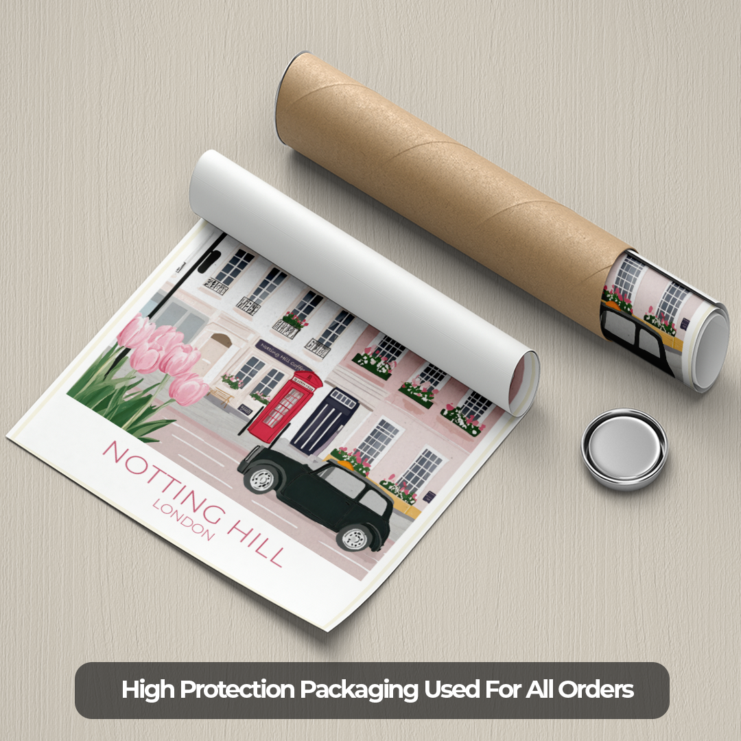 Roll of paper with a design of a London street scene, including a red double-decker bus and a black taxi, on a beige surface.