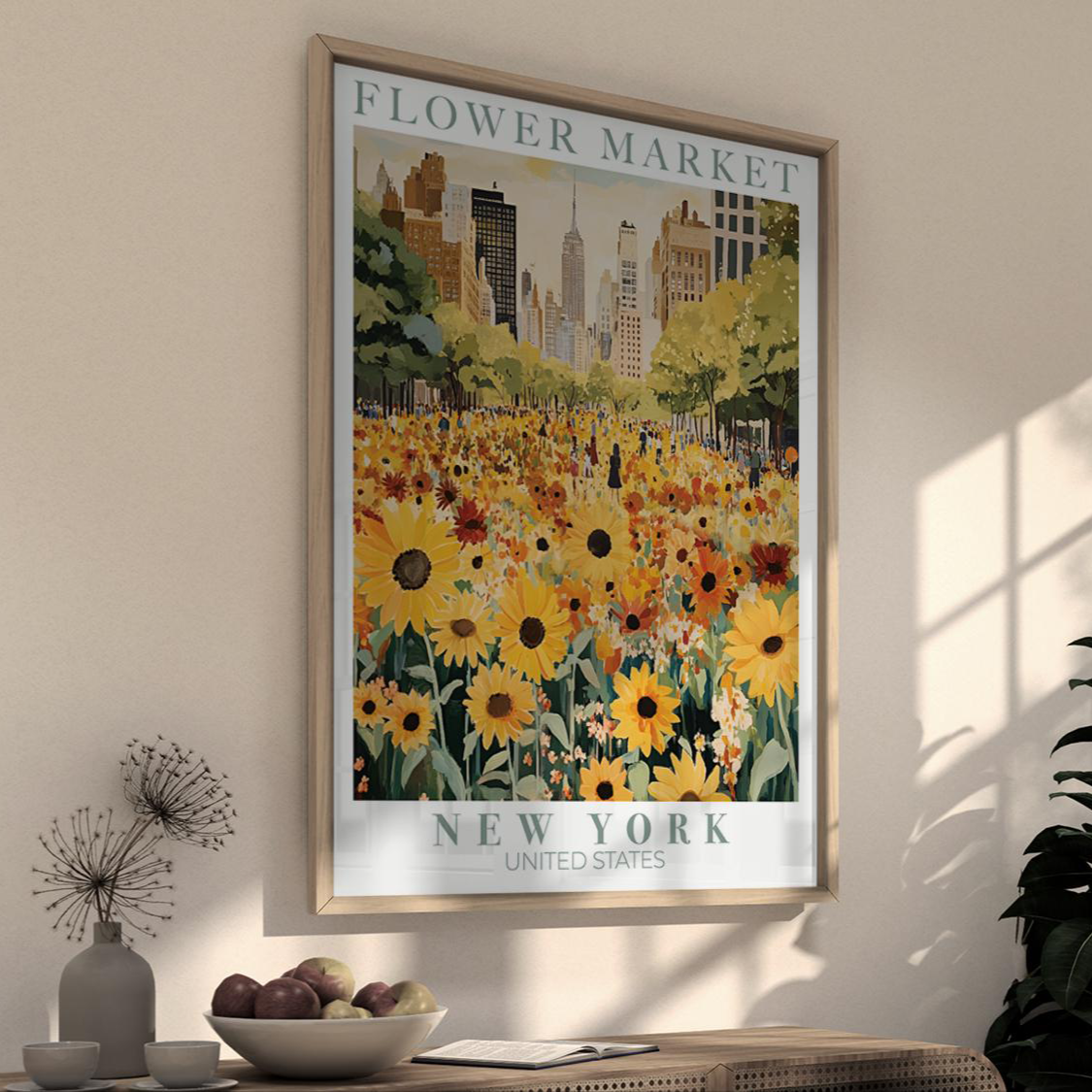 Framed poster of a flower market in New York on a wall with sunlight casting shadows.