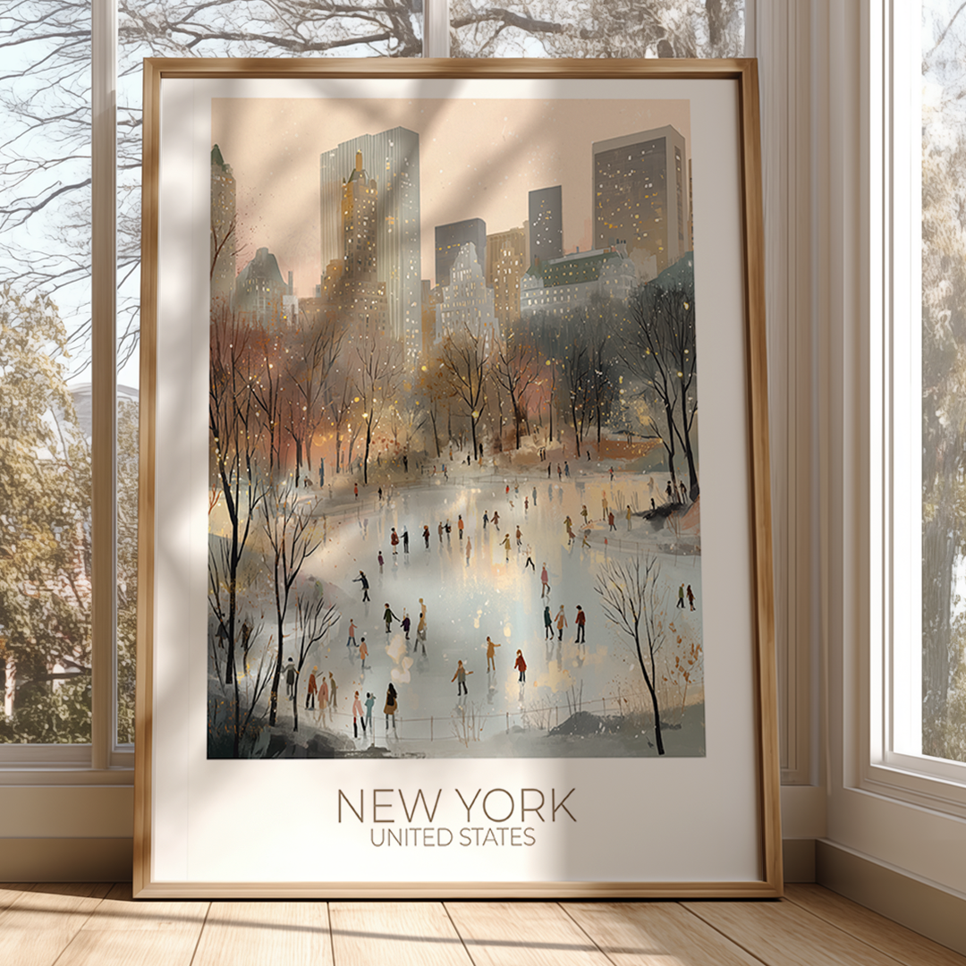 Framed artwork of a New York cityscape with people skating on a frozen lake.