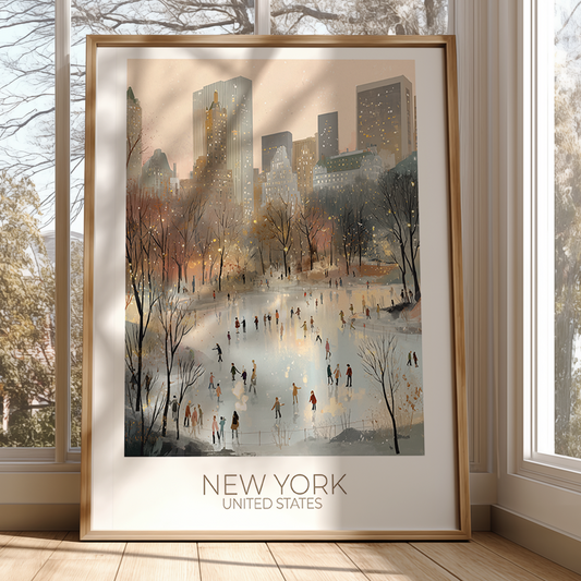 Framed artwork of a New York cityscape with people skating on a frozen lake.