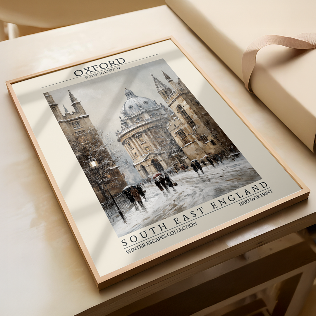 Framed print of a snowy scene with a cathedral in Oxford, South East England.