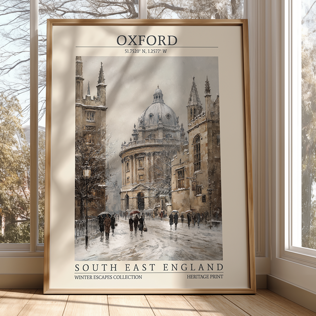 Framed poster of a snowy street scene in Oxford, South East England, on a wall.