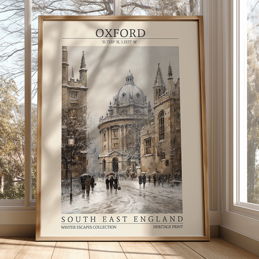 Framed poster of a snowy street scene in Oxford, South East England, on a wall.