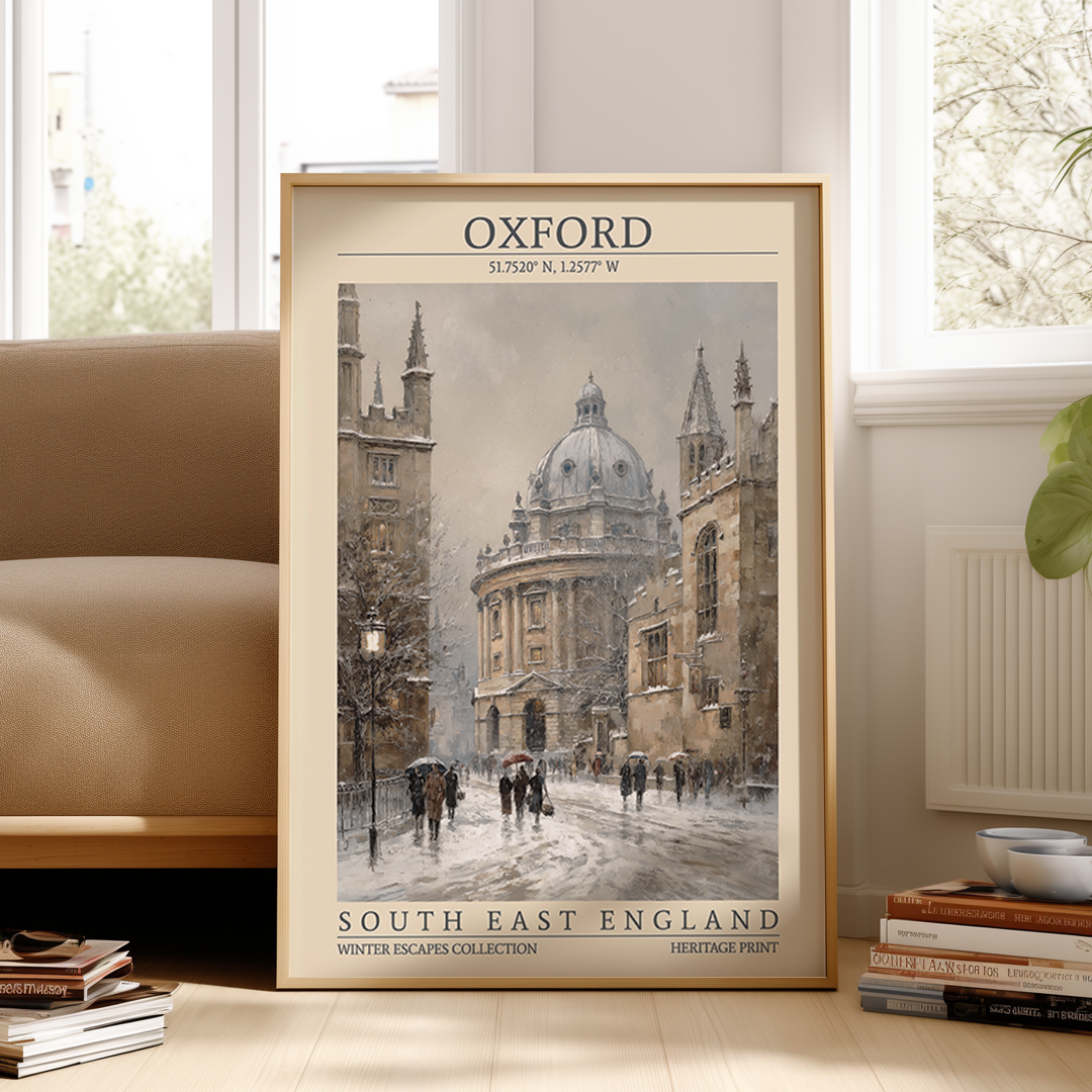 Framed poster of Oxford with architectural details in a room setting.
