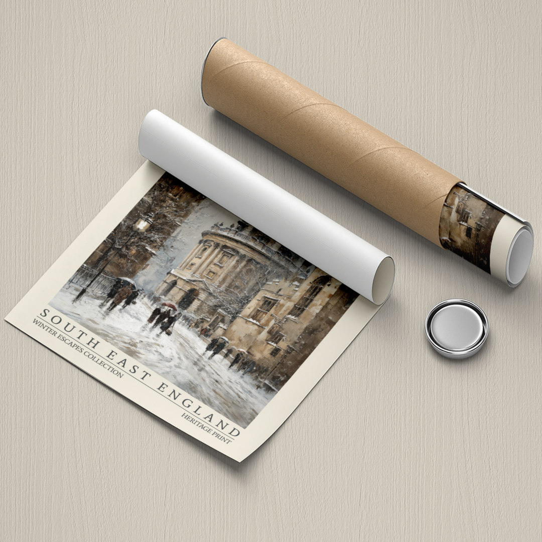 Roll of paper with a printed image of a snowy scene in South East England, accompanied by a cylindrical object and a button on a textured beige background.