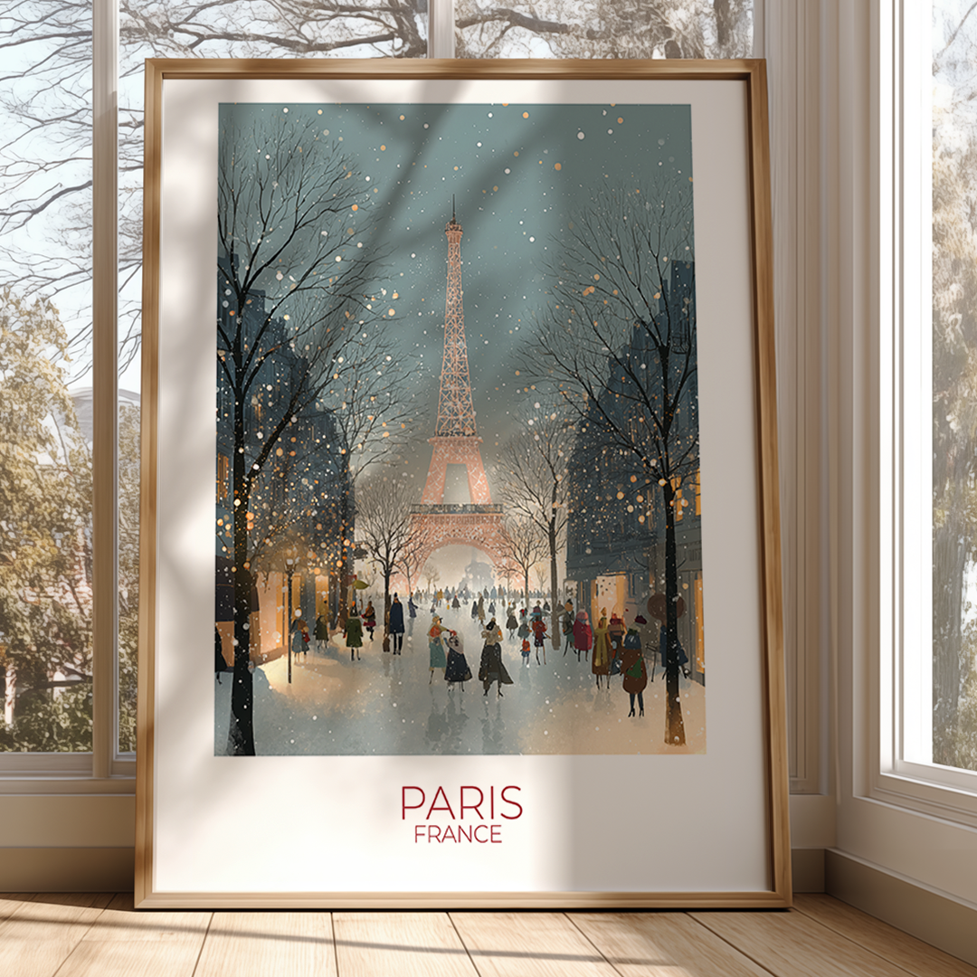 Framed artwork of the Eiffel Tower in Paris, France, with people walking in the snow.