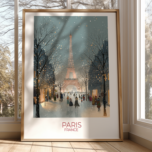 Framed artwork of the Eiffel Tower in Paris, France, with people walking in the snow.