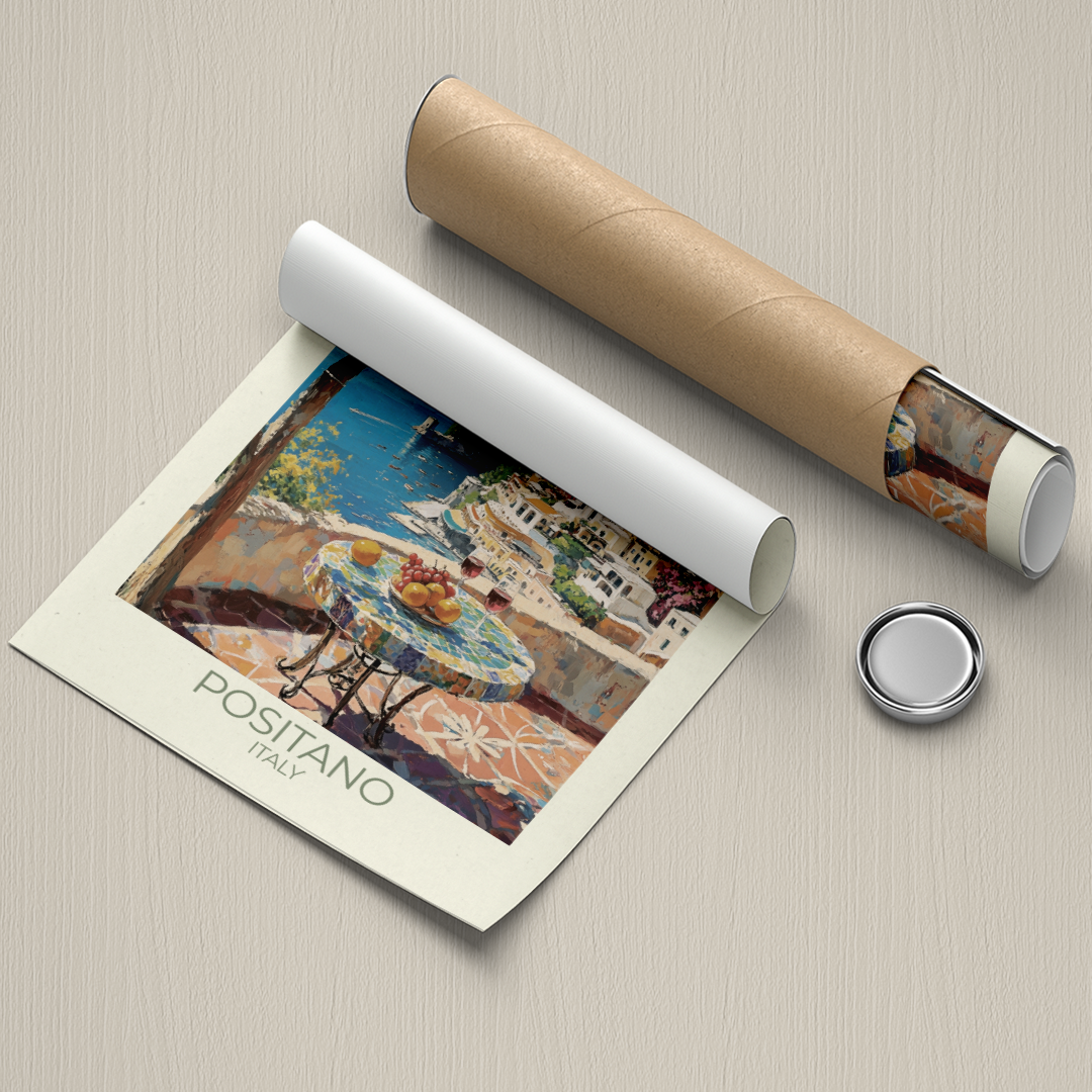 Rolled-up poster of Positano, Italy with a cylindrical object on a textured surface