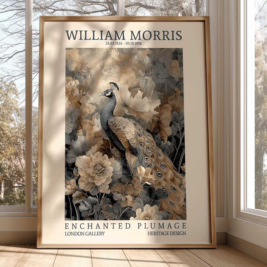 Framed artwork of a peacock and floral design with 'William Morris' text, displayed in a room with windows.