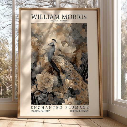 Framed artwork of a peacock and floral design with 'William Morris' text, displayed in a room with windows.