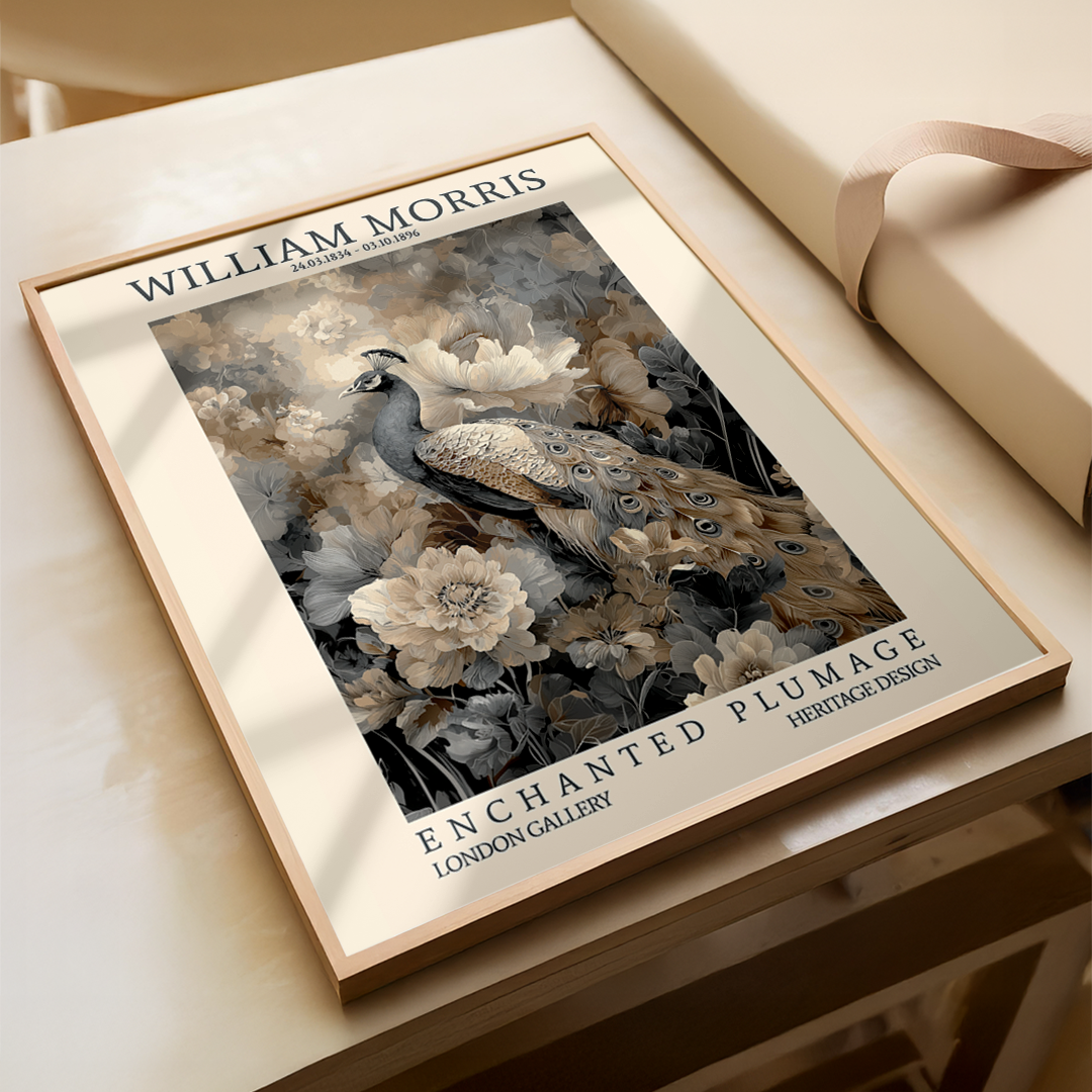 Framed artwork of a peacock with floral elements on a wooden surface.