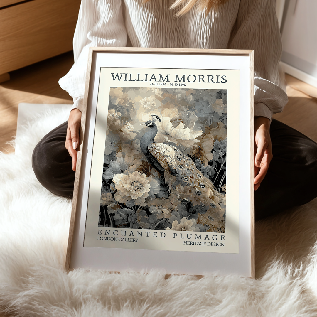 Person holding a framed artwork by William Morris featuring a peacock and flowers.