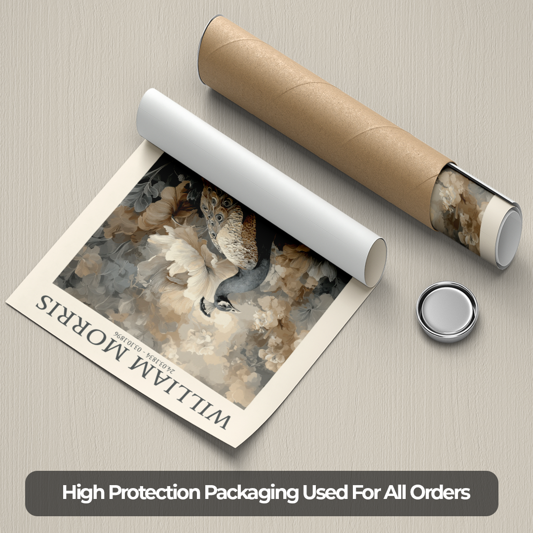 Art print by William Morris with a cylindrical packaging tube on a textured surface.