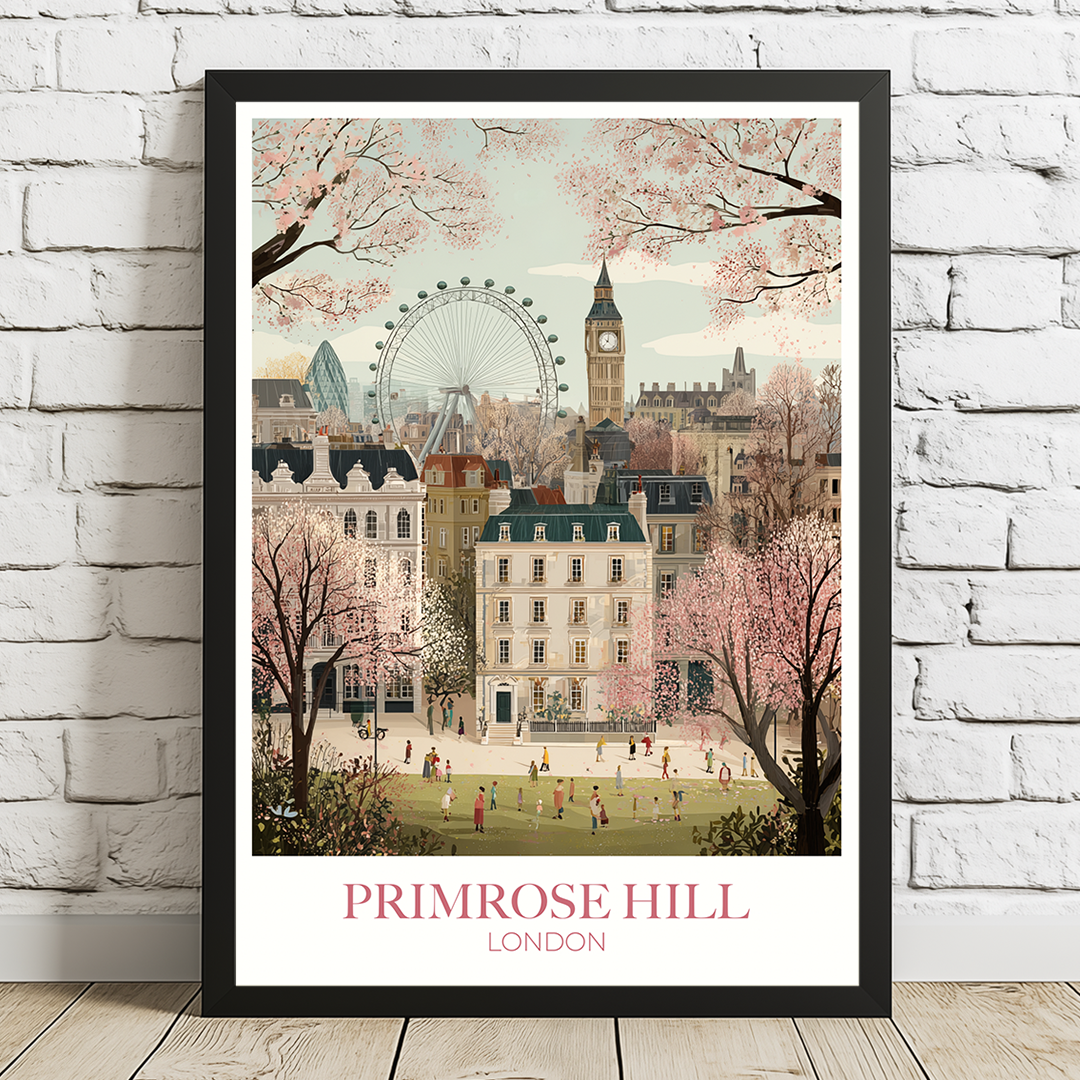 Framed artwork of a cityscape with cherry blossoms and landmarks, titled 'Primrose Hill London'.