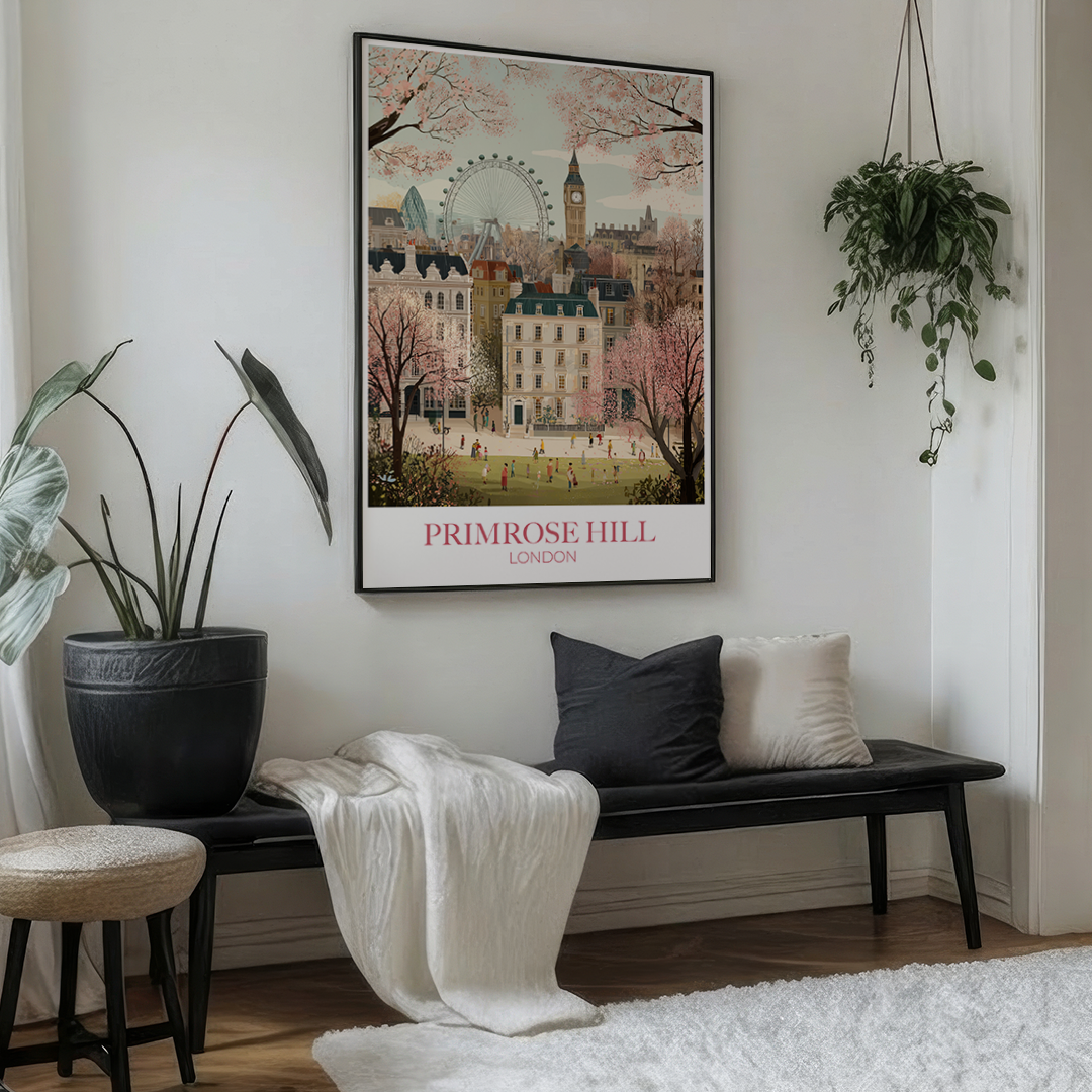 Living room with a bench, cushions, and a framed print of Primrose Hill, London.