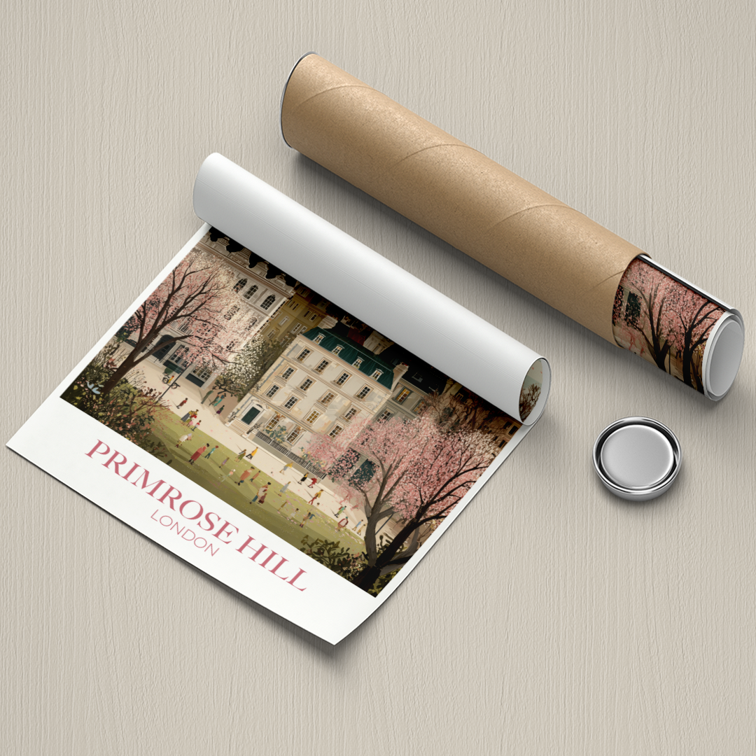 Roll of paper with a printed design of a building and trees, accompanied by a cylindrical object and a button on a beige background.