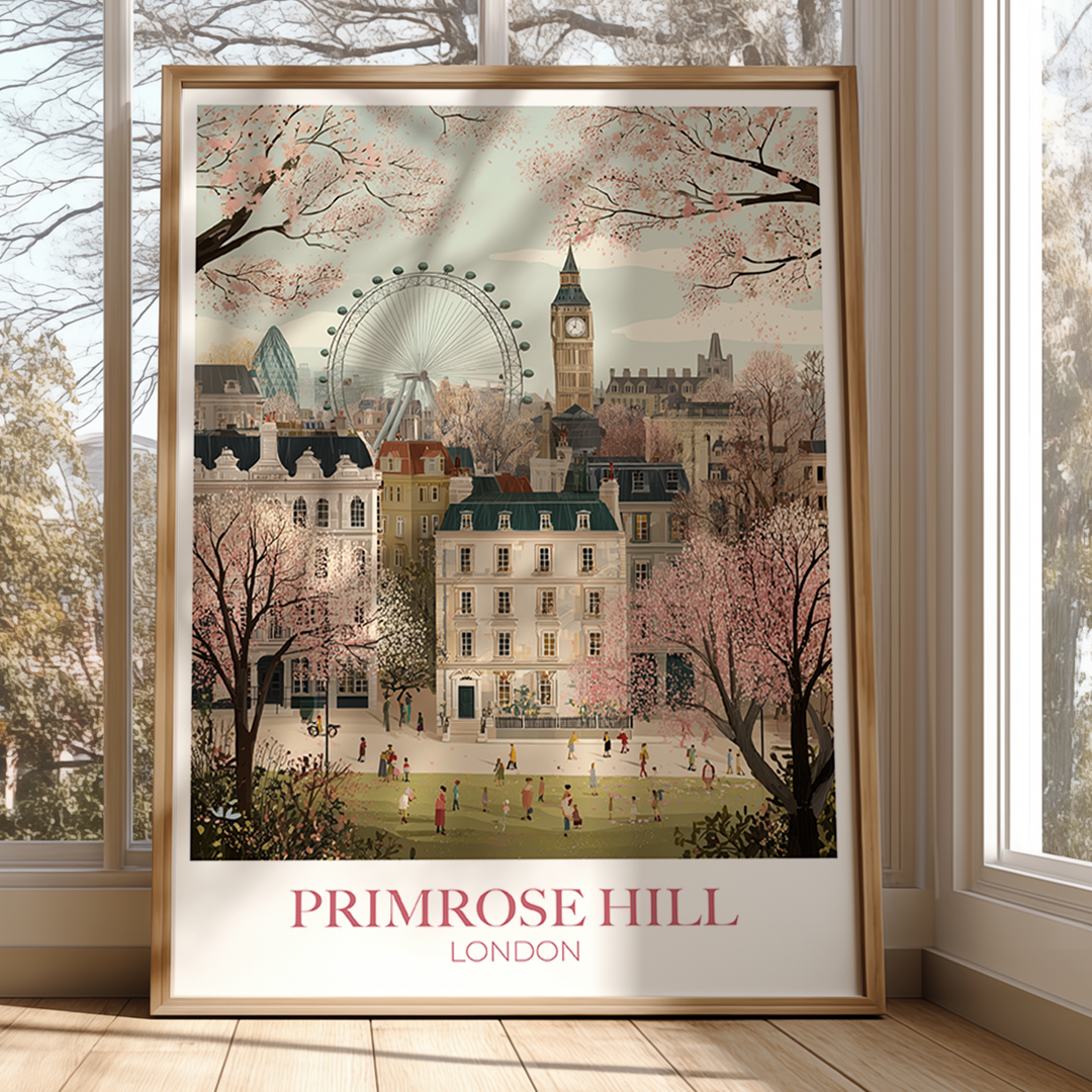 Framed artwork of Primrose Hill, London with cherry blossoms and a clock tower.