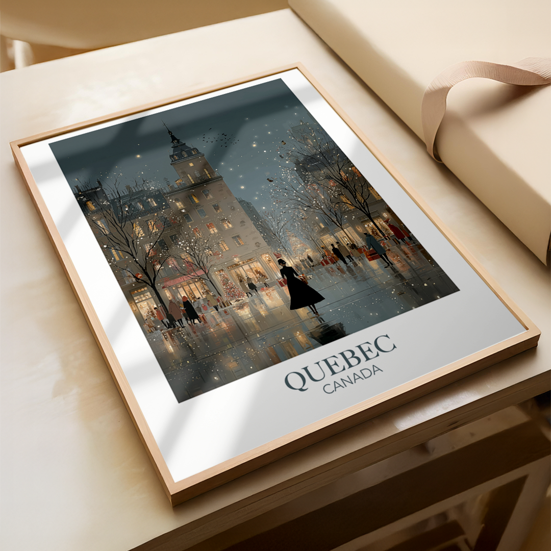 Framed artwork of a snowy street scene in Quebec, Canada on a wooden surface.
