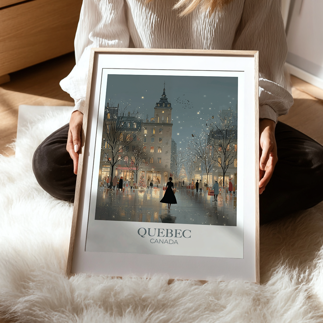 Person holding a framed print of Quebec City with a snowy scene.