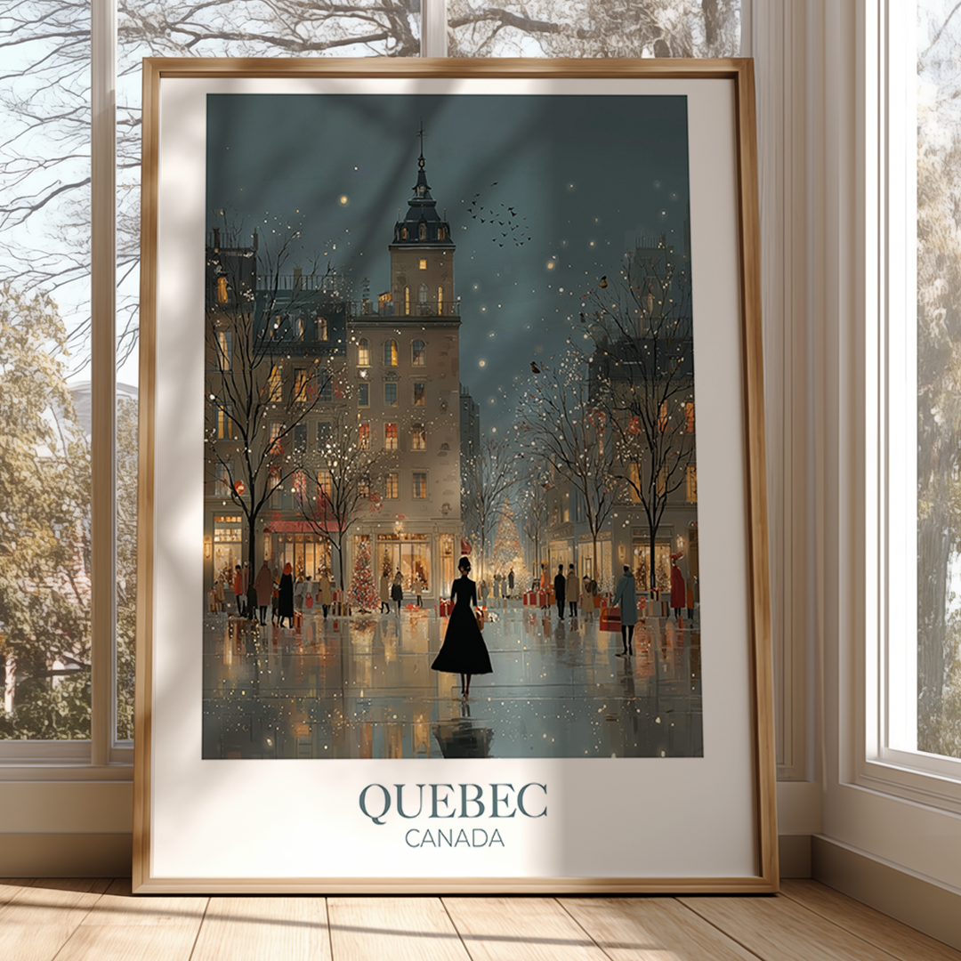 Framed artwork of a snowy street scene in Quebec, Canada, displayed in a room with large windows.