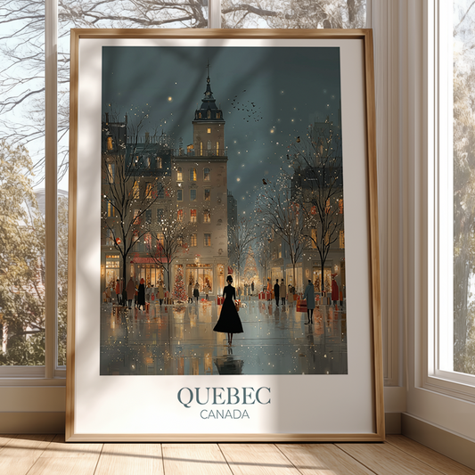 Framed artwork of a snowy street scene in Quebec, Canada, displayed in a room with large windows.