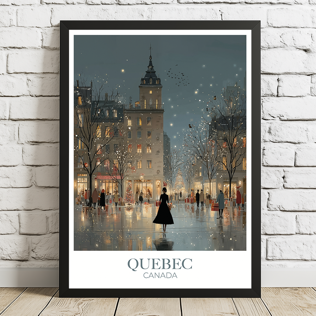 Framed artwork of a snowy street scene in Quebec, Canada, on a white brick wall.