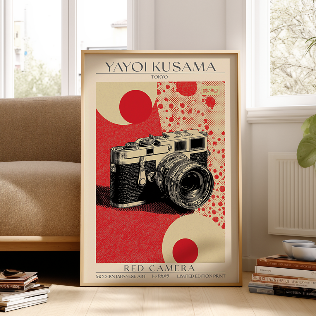 Framed Yayoi Kusama poster with a red camera design in a room setting.