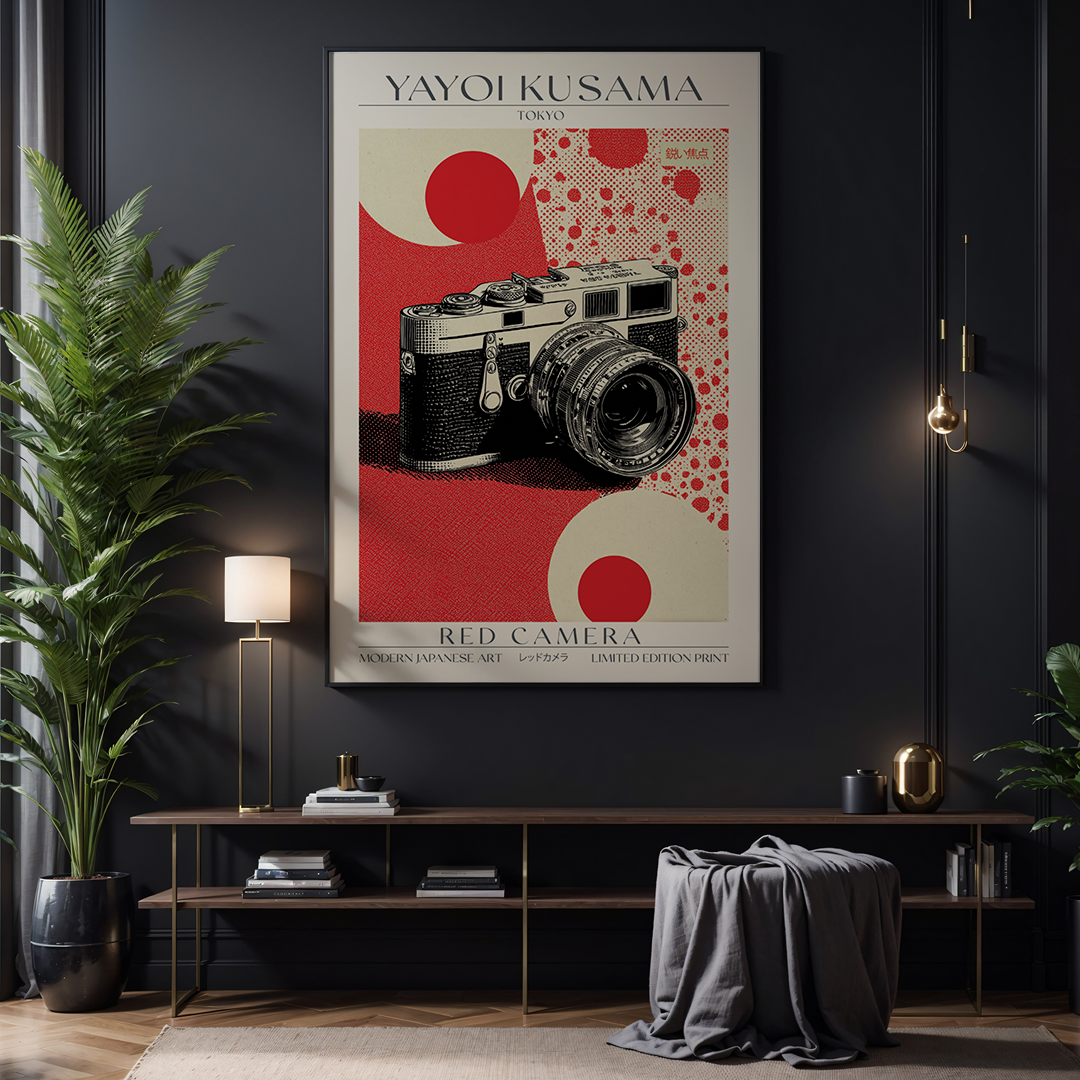 Framed artwork of a camera on a dark wall with decorative elements.