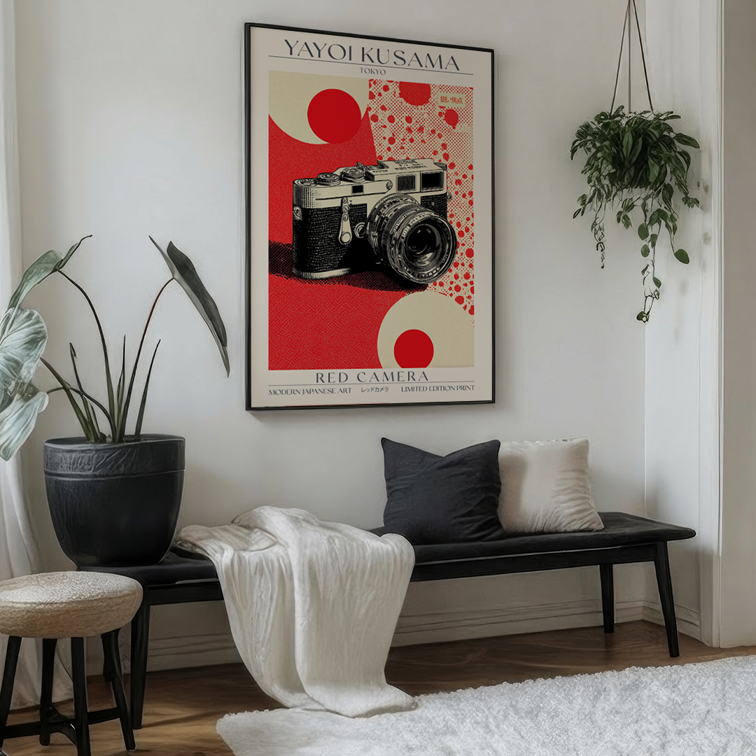 Living room with a bench, cushions, and a poster of a camera on the wall.