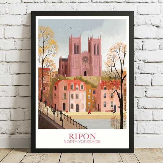 Framed artwork of Ripon, North Yorkshire on a white brick wall.