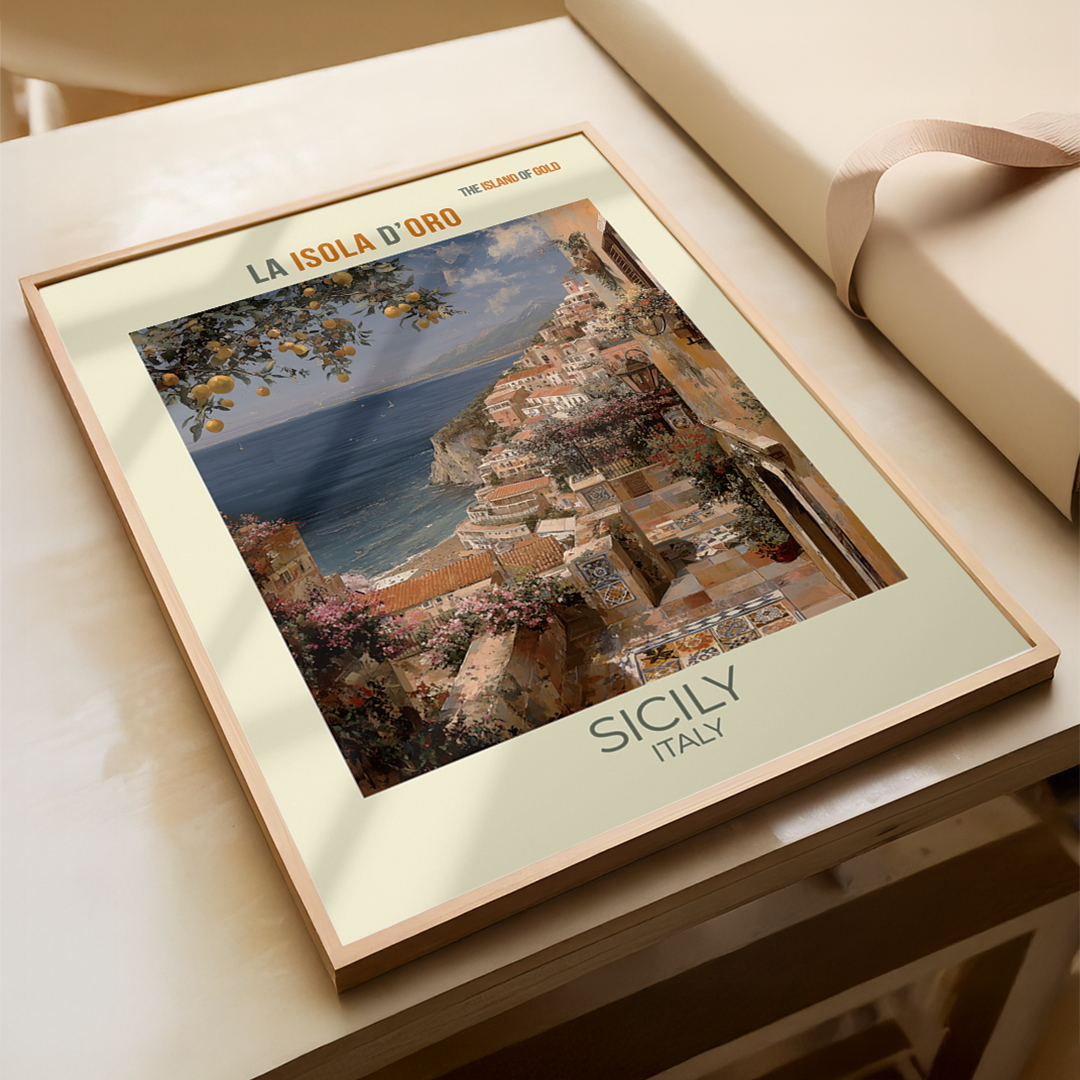 Vintage Sicily travel poster with Mediterranean coastal scenery and inspirational bilingual quote in pastel tones.