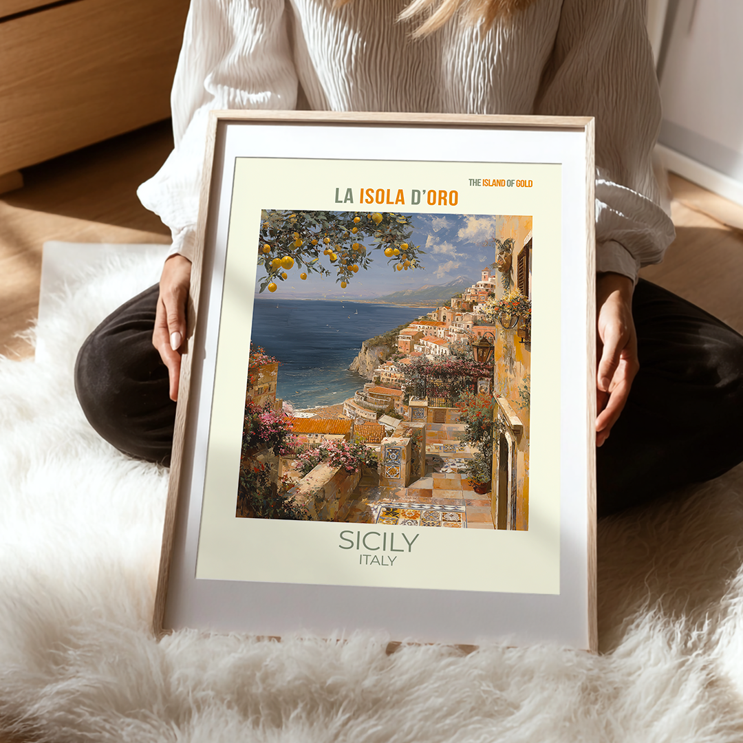 Vintage Sicily travel poster with Mediterranean coastal scenery and inspirational bilingual quote in pastel tones.
