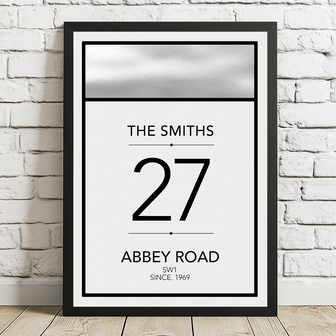 Framed poster with 'The Smiths 27 Abbey Road SW1 Since 1969' text on a white brick wall background.