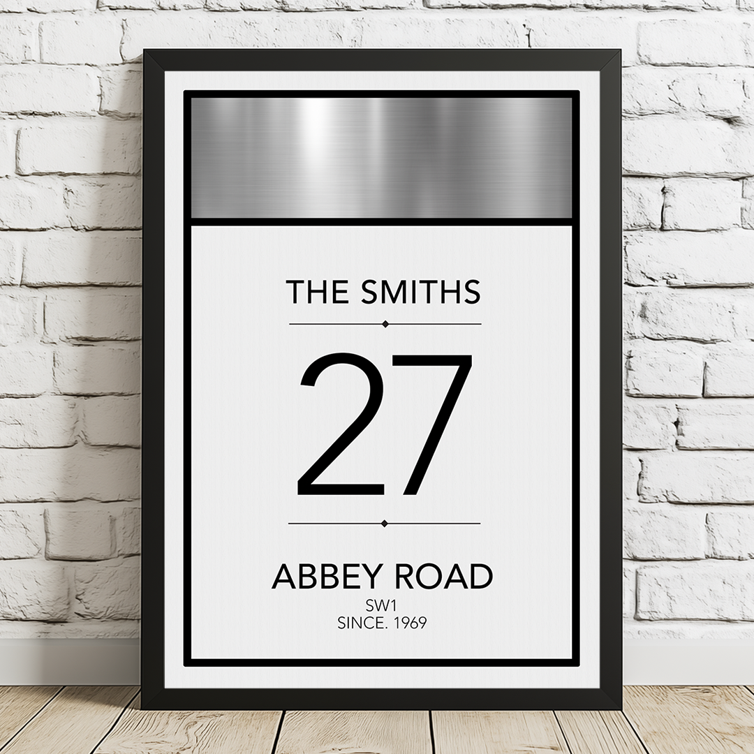 Framed poster with 'The Smiths 27 Abbey Road SW1 Since 1969' text on a white brick wall background.
