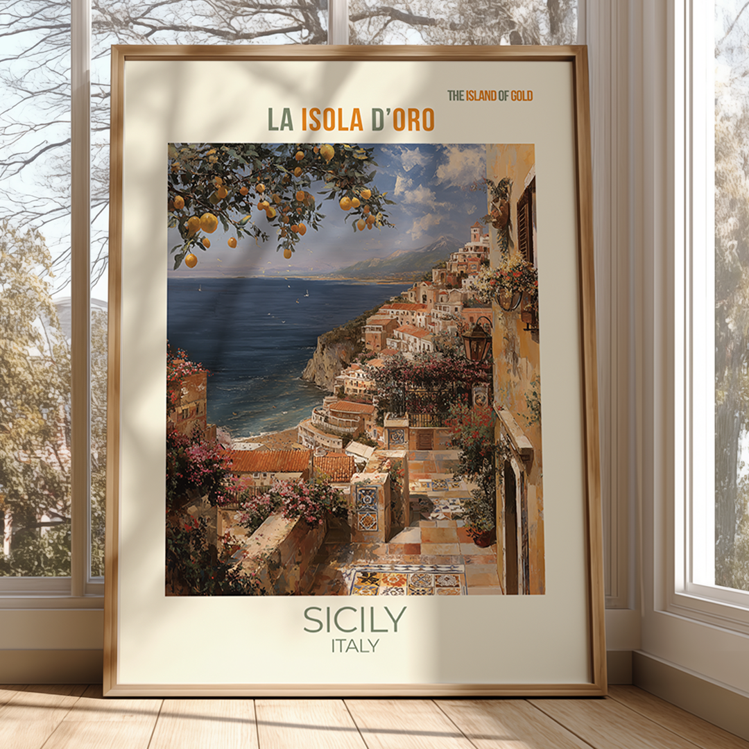 Vintage Sicily travel poster with Mediterranean coastal scenery and inspirational bilingual quote in pastel tones.