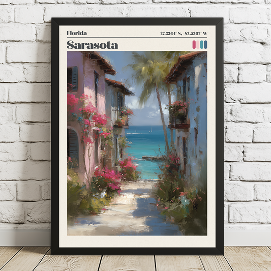 Framed artwork of a scenic view of Sarasota, Florida with houses, flowers, and ocean.