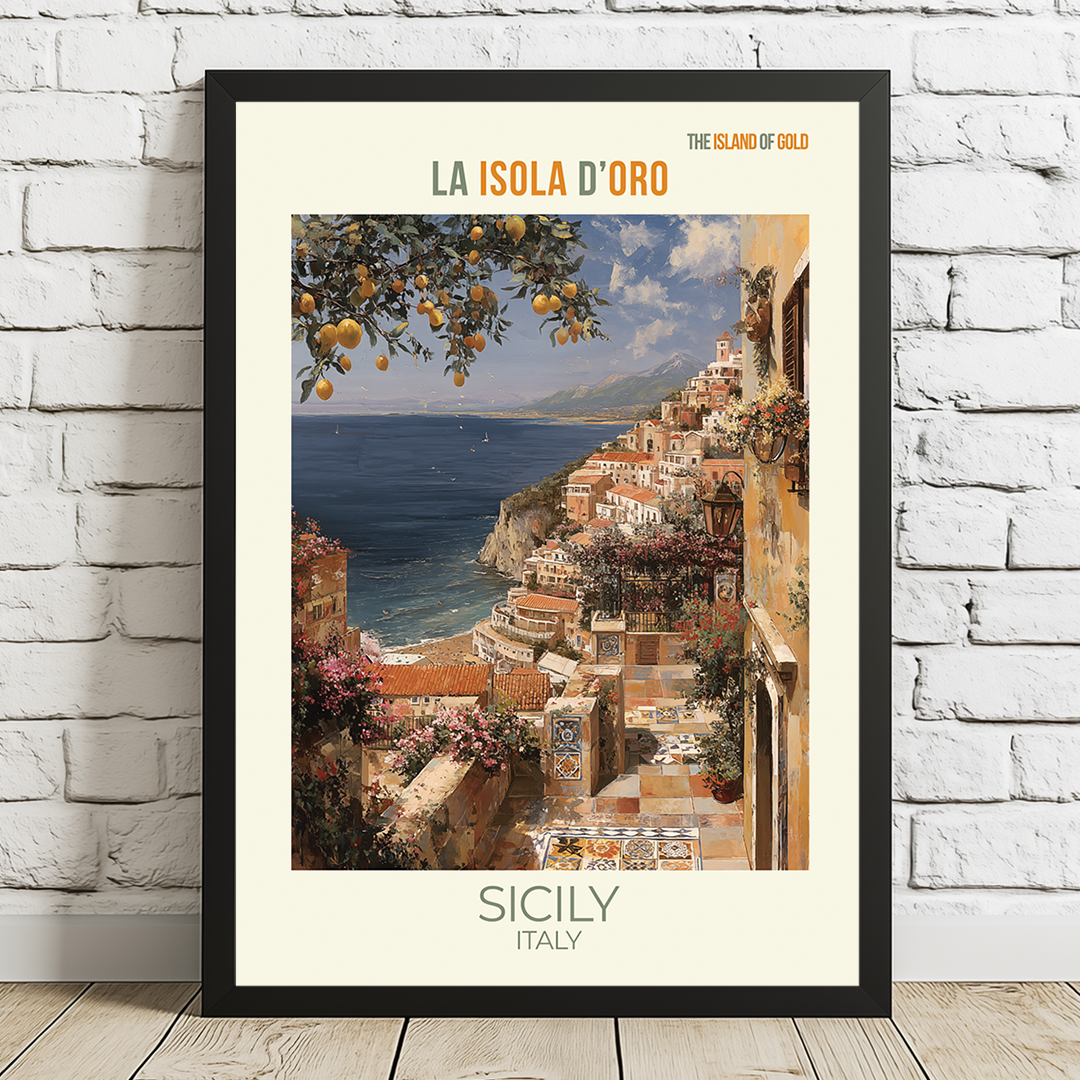 Vintage Sicily travel poster with Mediterranean coastal scenery and inspirational bilingual quote in pastel tones.