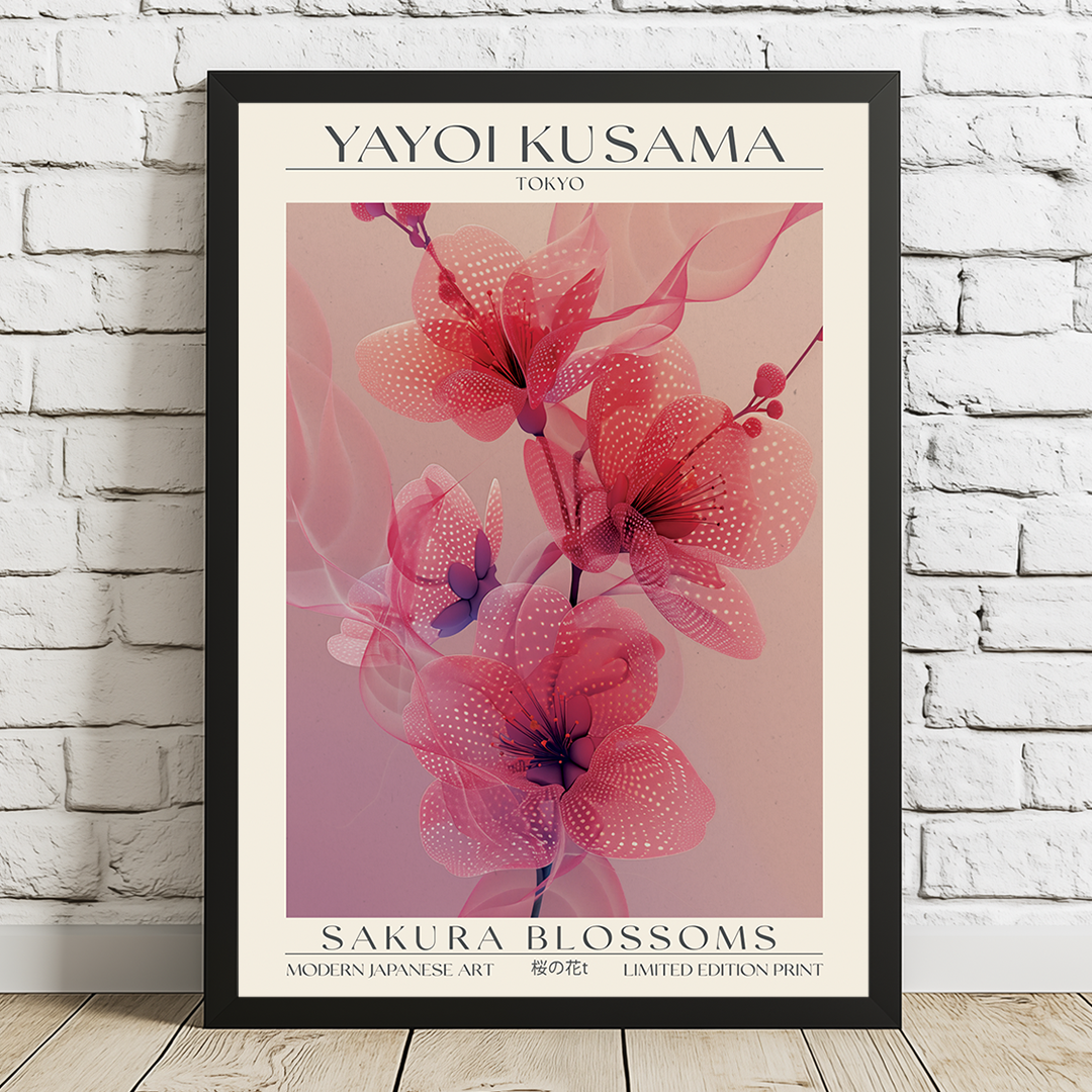 Framed artwork of pink floral design with 'Yayoi Kusama' branding on a white brick wall.