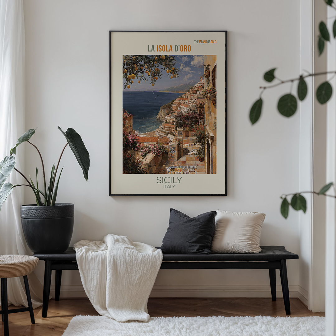 Vintage Sicily travel poster with Mediterranean coastal scenery and inspirational bilingual quote in pastel tones.