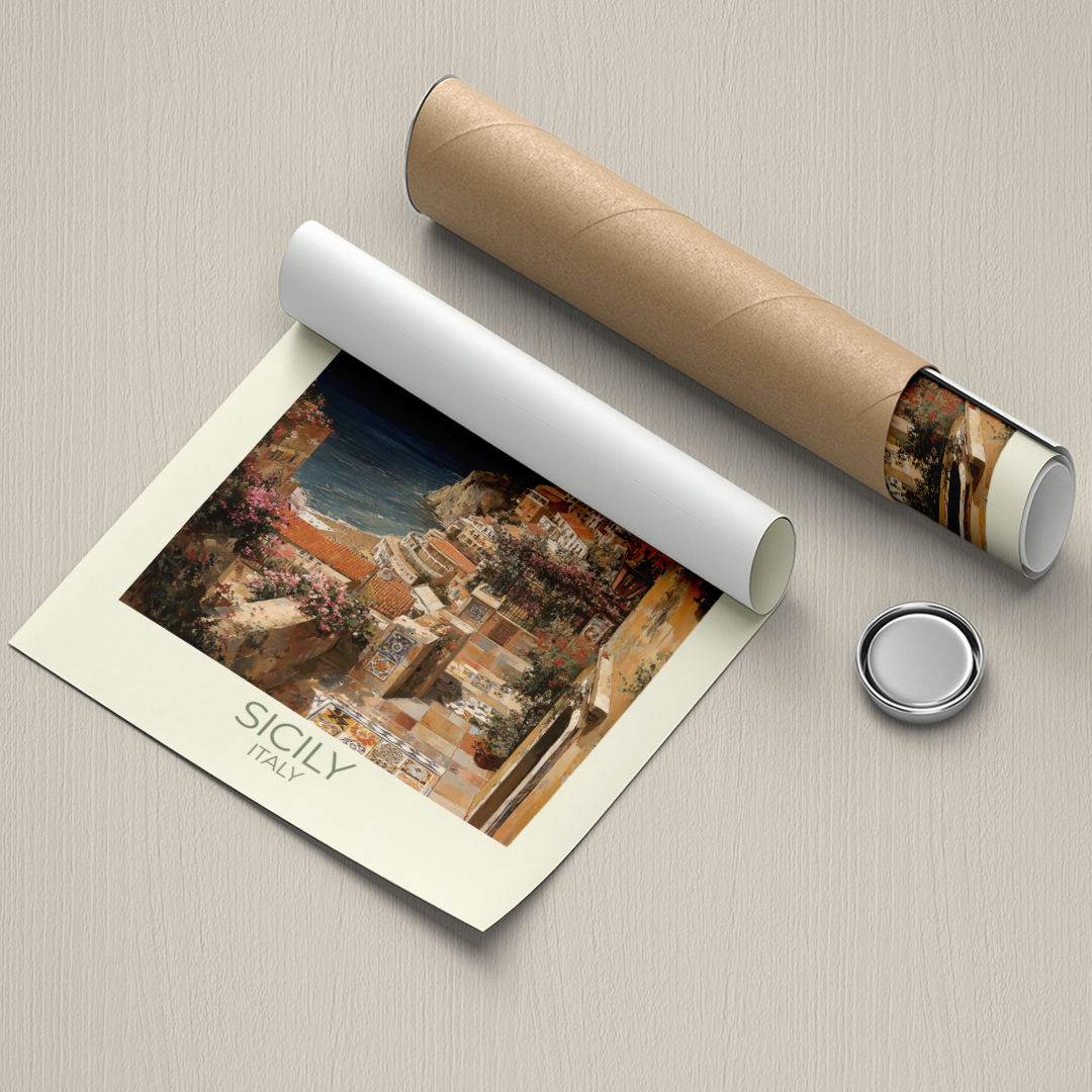 Vintage Sicily travel poster with Mediterranean coastal scenery and inspirational bilingual quote in pastel tones.