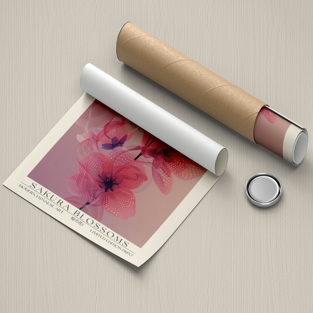 Roll of paper with a floral design and a cylindrical object on a textured surface