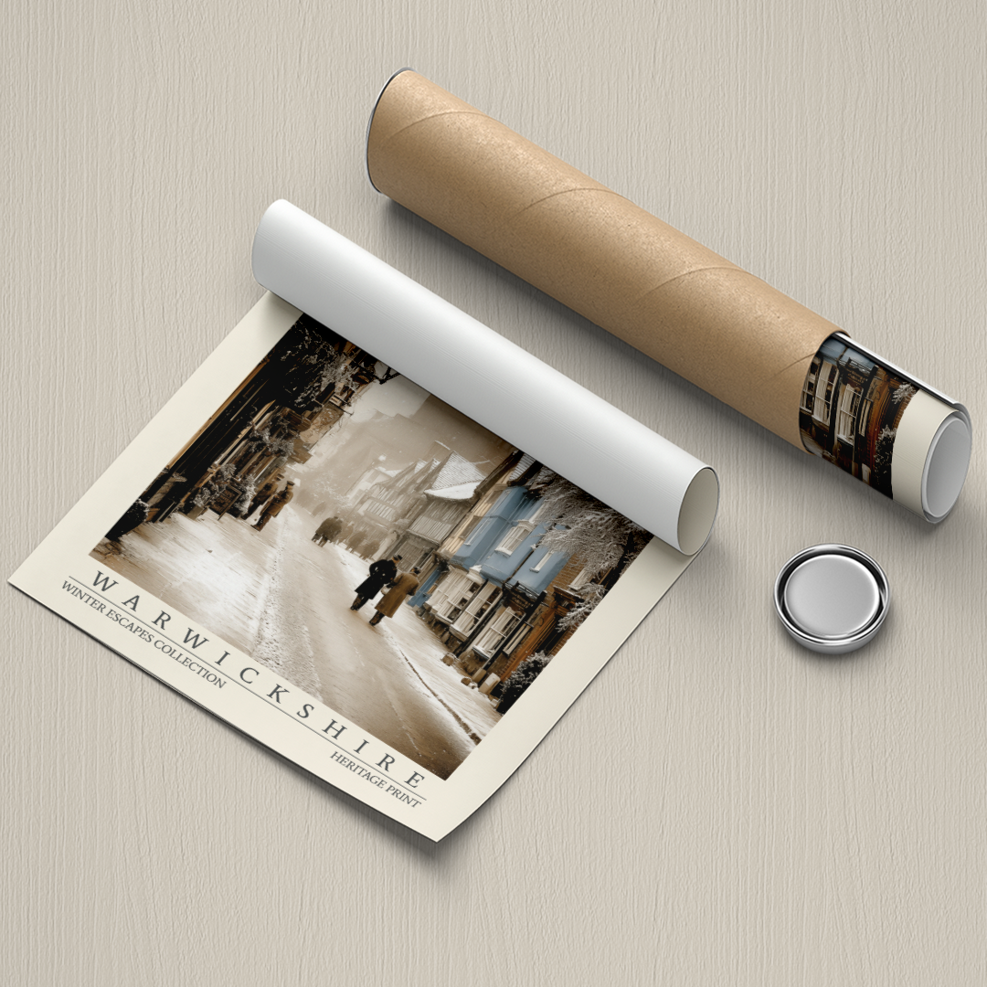 Roll of paper with a printed image of Warwickshire and a cylindrical object on a beige surface