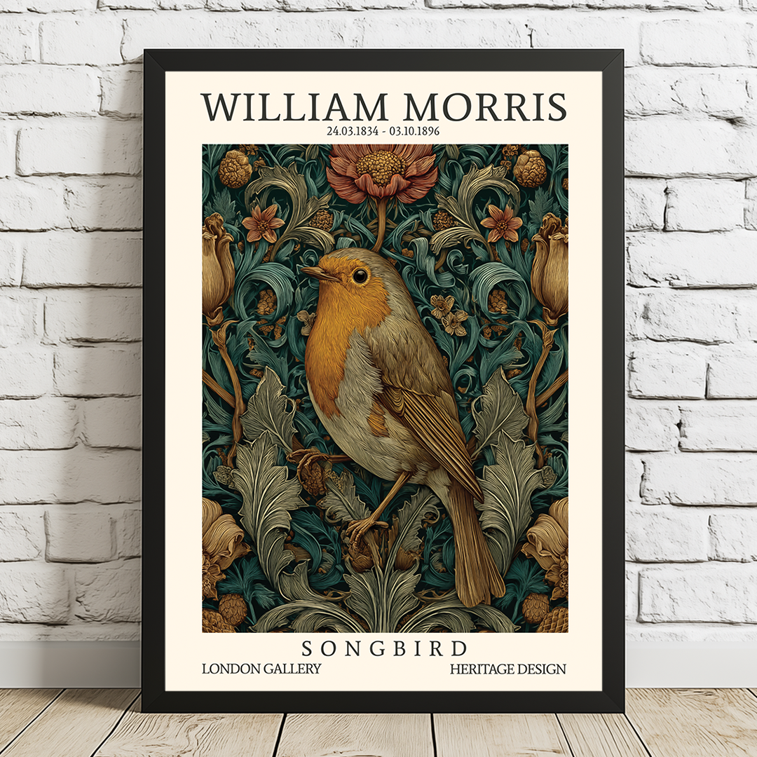 Framed poster of a robin with floral design on a white brick wall.