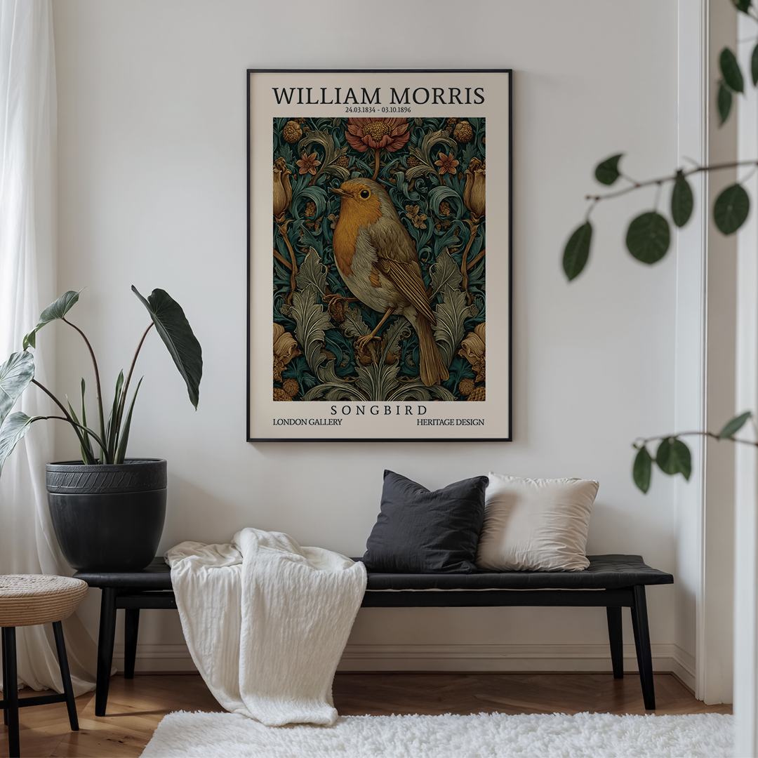 Framed William Morris 'Songbird' print in a living room setting with a bench and plants.