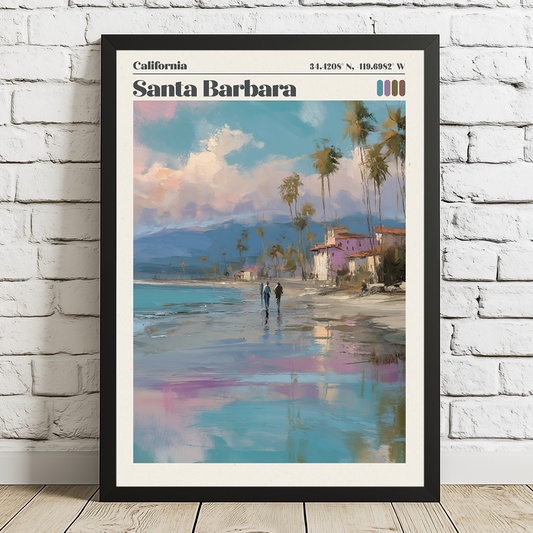 Framed artwork of Santa Barbara beach scene with palm trees and buildings.
