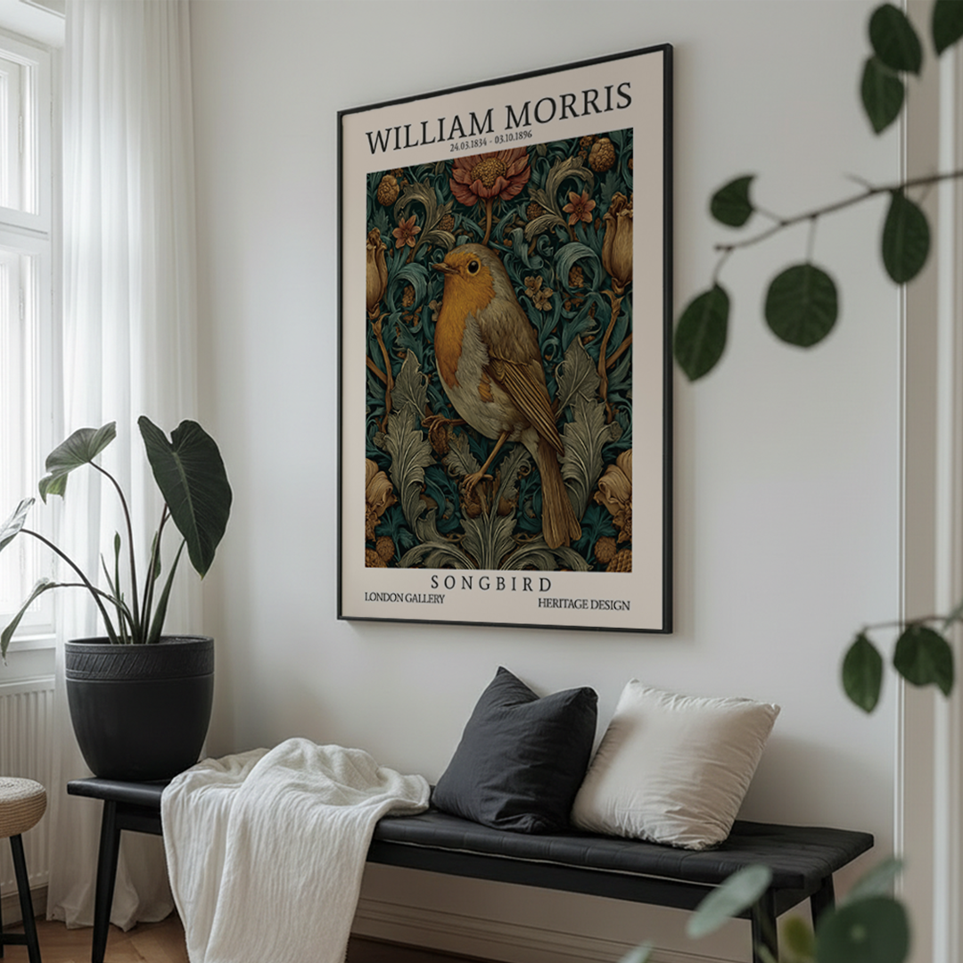 Living room with a 'William Morris Songbird' poster on the wall, a bench with cushions, and plants.
