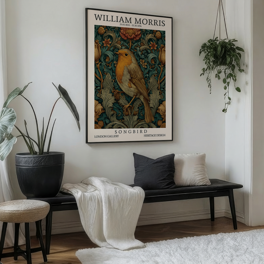 Living room with a bench, plants, and a framed William Morris 'Songbird' print.