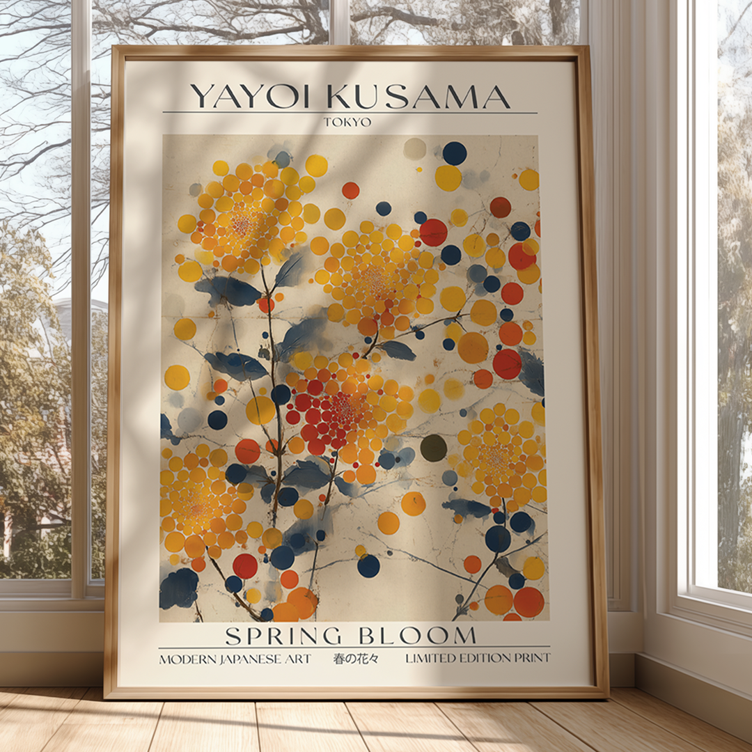 Framed Yayoi Kusama 'Spring Bloom' poster in a room with windows.